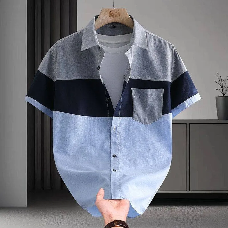 High Quality Men’s Stripe Patchwork Short Sleeve Shirt Premium Casual Button Up Top thumbnail 2