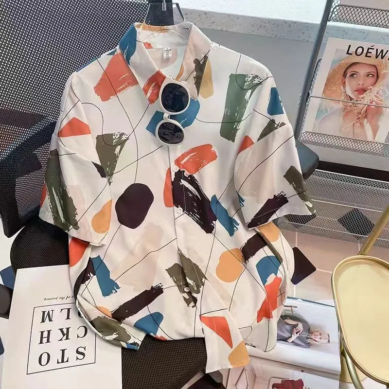 Men's Abstract Artistic Print Short Sleeve Button Down Shirt Lightweight Breathable Casual Summer Beach Wear Fashion Top thumbnail 2