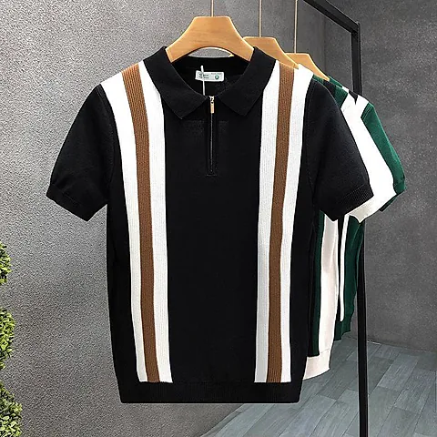 Men's Vintage Style Forest Green Half-Zip Knit Polo Shirt with Vertical White and Black Racing Stripes Short Sleeve Retro Summer Top