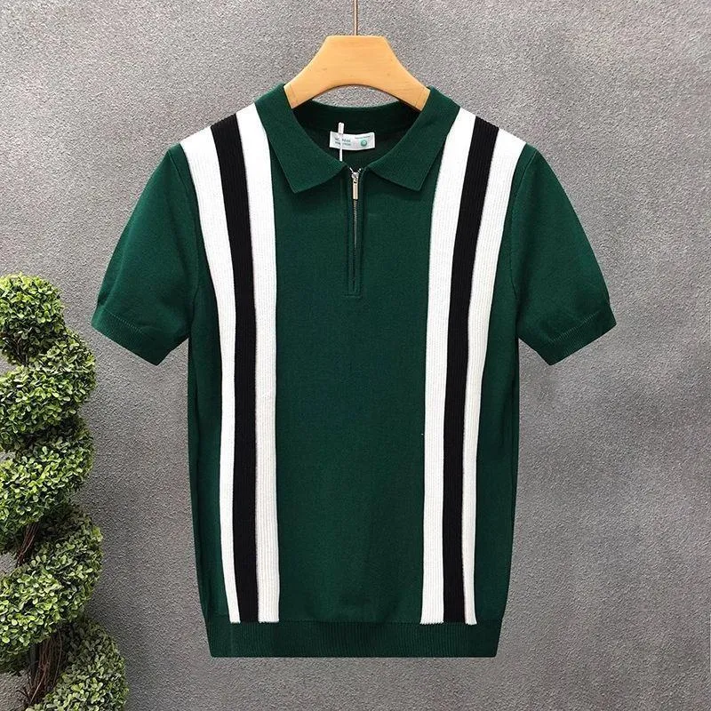 Men's Vintage Style Forest Green Half-Zip Knit Polo Shirt with Vertical White and Black Racing Stripes Short Sleeve Retro Summer Top thumbnail 2