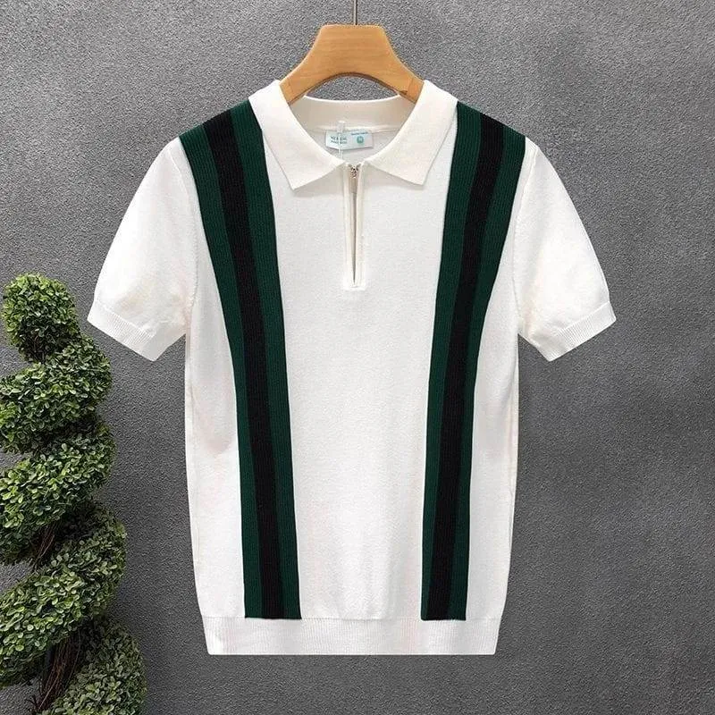 Men's Vintage Style Forest Green Half-Zip Knit Polo Shirt with Vertical White and Black Racing Stripes Short Sleeve Retro Summer Top thumbnail 3