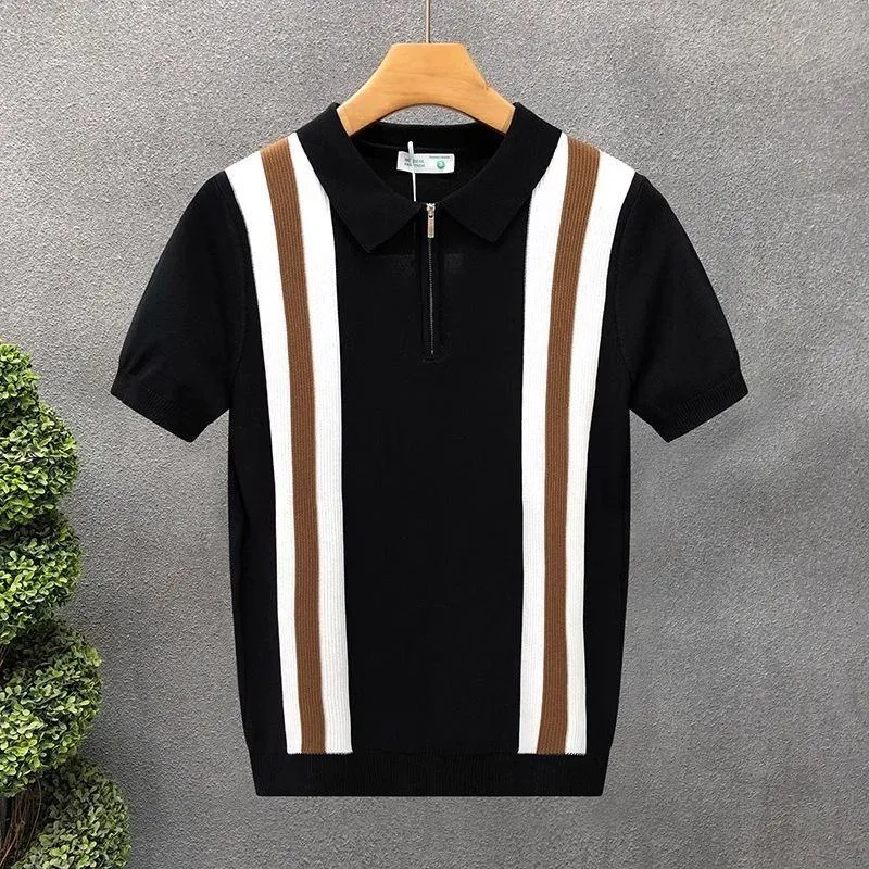Men's Vintage Style Forest Green Half-Zip Knit Polo Shirt with Vertical White and Black Racing Stripes Short Sleeve Retro Summer Top thumbnail 4