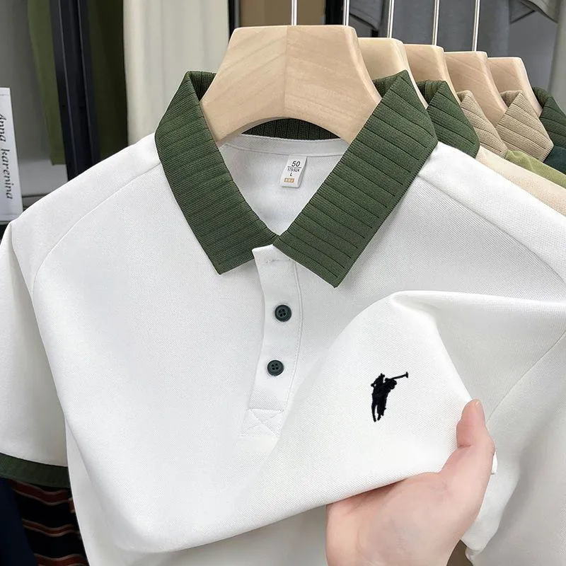 Men's Classic White Pique Cotton Polo Shirt with Contrast Olive Green Ribbed Collar and Embroidered Equestrian Logo Design Athletic Fit thumbnail 1