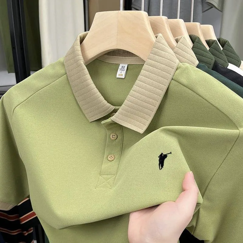 Men's Classic White Pique Cotton Polo Shirt with Contrast Olive Green Ribbed Collar and Embroidered Equestrian Logo Design Athletic Fit thumbnail 2