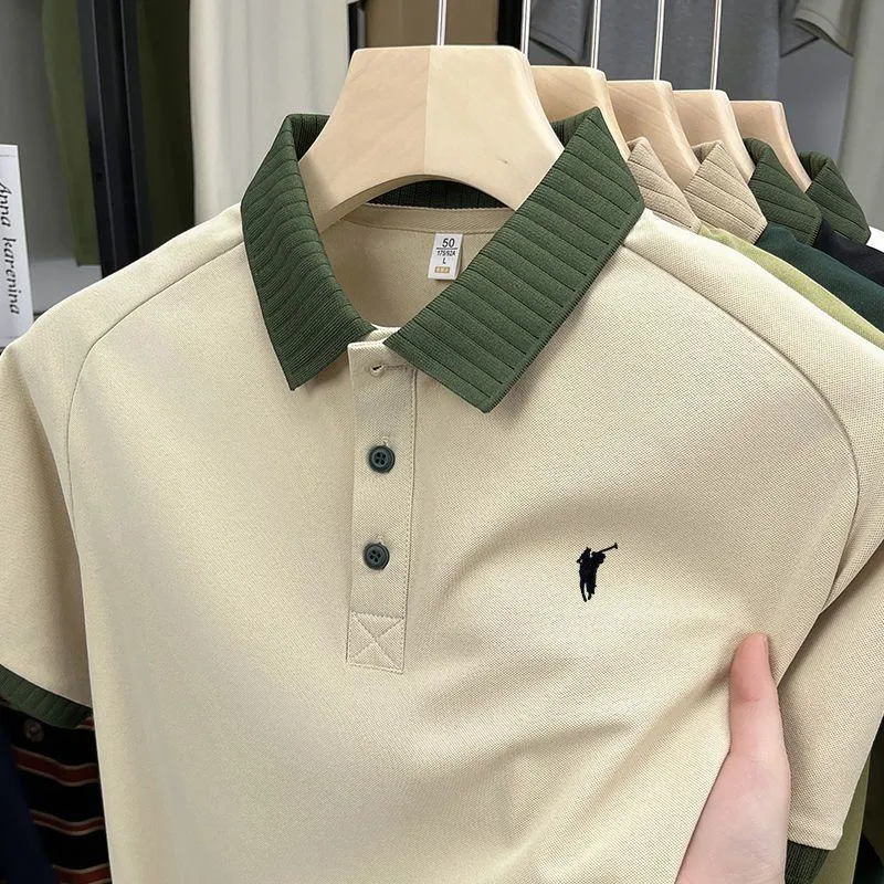 Men's Classic White Pique Cotton Polo Shirt with Contrast Olive Green Ribbed Collar and Embroidered Equestrian Logo Design Athletic Fit thumbnail 3
