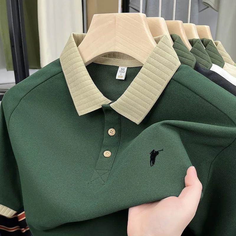 Men's Classic White Pique Cotton Polo Shirt with Contrast Olive Green Ribbed Collar and Embroidered Equestrian Logo Design Athletic Fit thumbnail 4