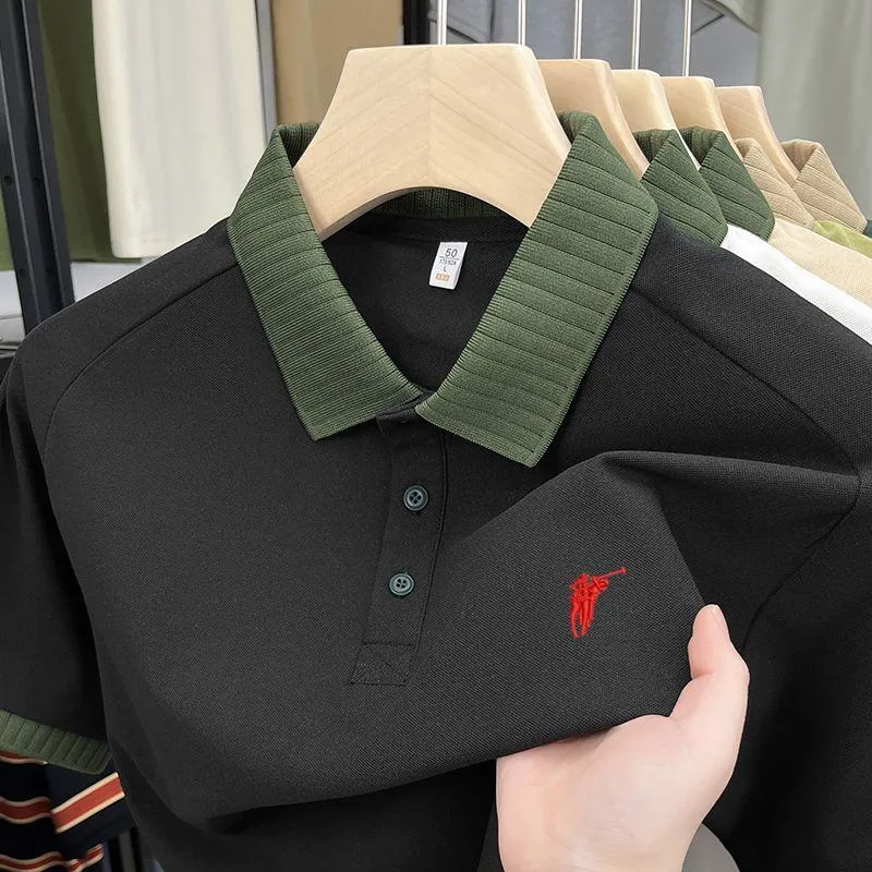 Men's Classic White Pique Cotton Polo Shirt with Contrast Olive Green Ribbed Collar and Embroidered Equestrian Logo Design Athletic Fit thumbnail 5
