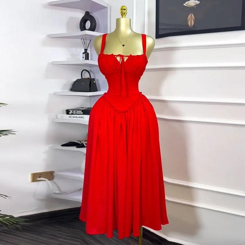 Women's Elegant Ruched Midi Dress with Sweetheart Neckline Sleeveless A-Line Flowy Skirt and Front Tie Detail for Special Occasions thumbnail 1