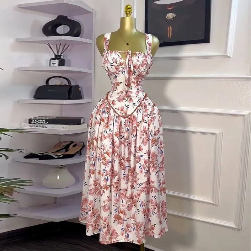 Women's Elegant Ruched Midi Dress with Sweetheart Neckline Sleeveless A-Line Flowy Skirt and Front Tie Detail for Special Occasions thumbnail 2