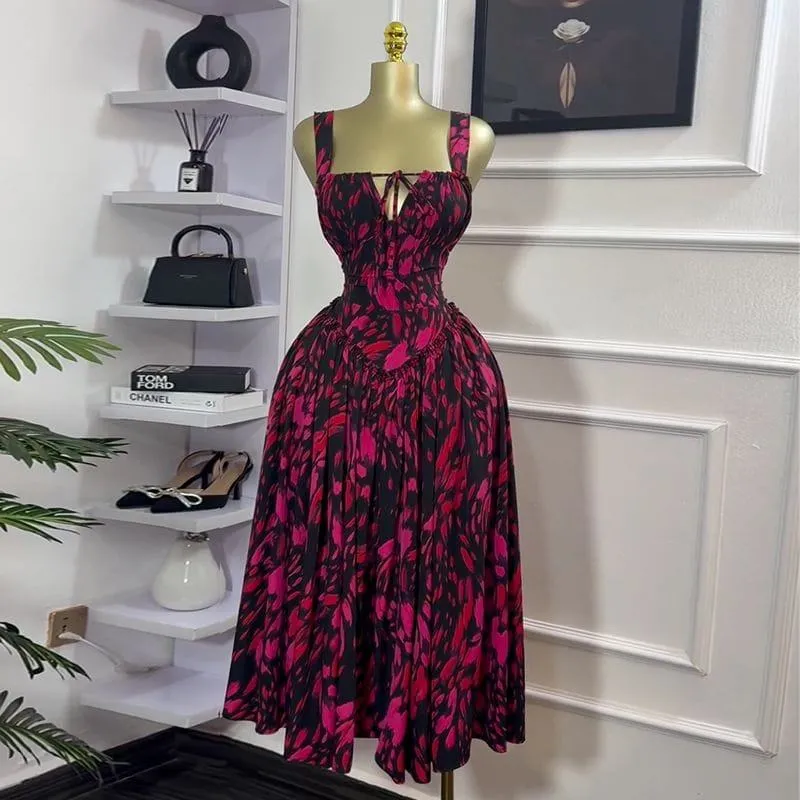 Women's Elegant Ruched Midi Dress with Sweetheart Neckline Sleeveless A-Line Flowy Skirt and Front Tie Detail for Special Occasions thumbnail 3