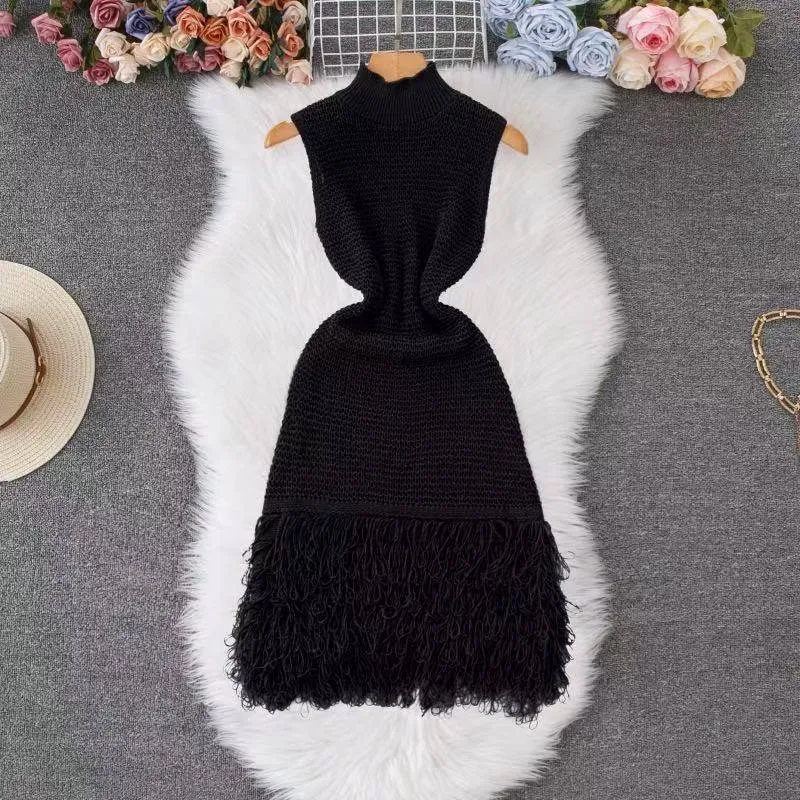 Women's Chic Sleeveless Knit Midi Dress with Elegant Mock Neckline and Statement Fringe Tassel Hem for Evening Occasions thumbnail 2