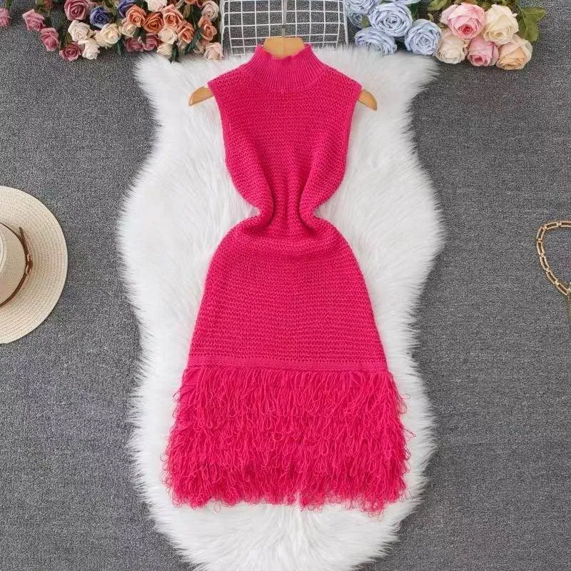 Women's Chic Sleeveless Knit Midi Dress with Elegant Mock Neckline and Statement Fringe Tassel Hem for Evening Occasions thumbnail 3