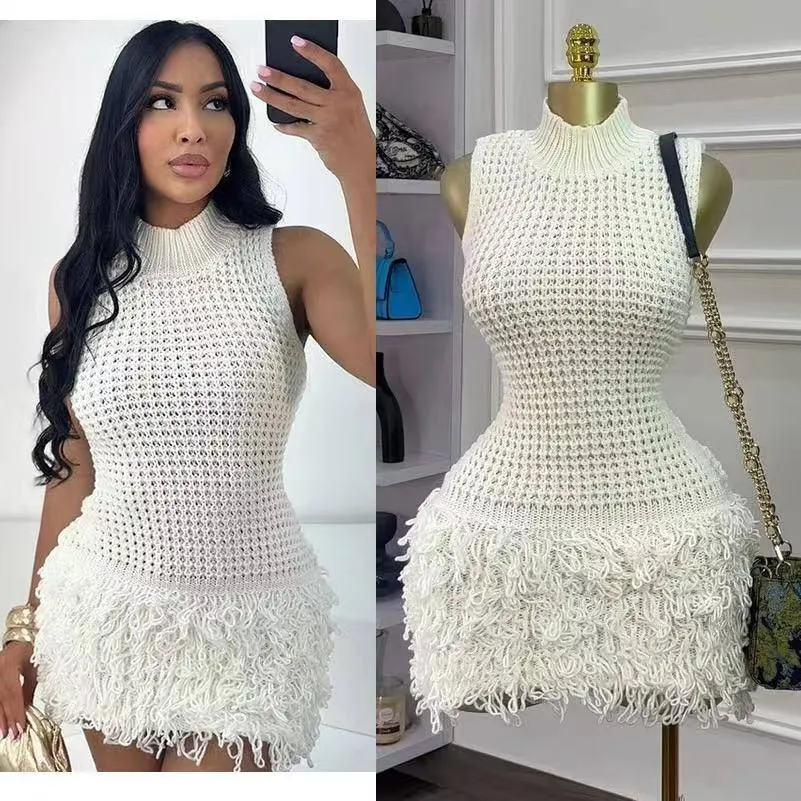 Women's Chic Sleeveless Knit Midi Dress with Elegant Mock Neckline and Statement Fringe Tassel Hem for Evening Occasions thumbnail 1