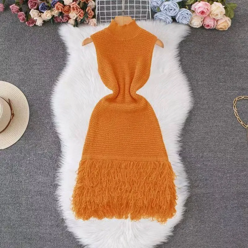 Women's Chic Sleeveless Knit Midi Dress with Elegant Mock Neckline and Statement Fringe Tassel Hem for Evening Occasions thumbnail 4
