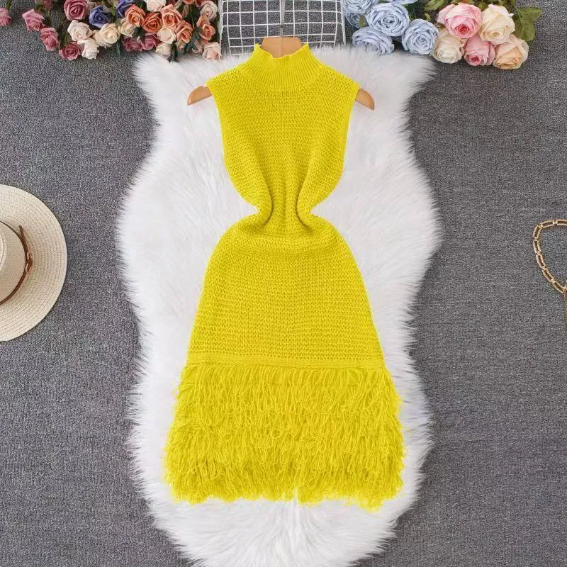Women's Chic Sleeveless Knit Midi Dress with Elegant Mock Neckline and Statement Fringe Tassel Hem for Evening Occasions thumbnail 6
