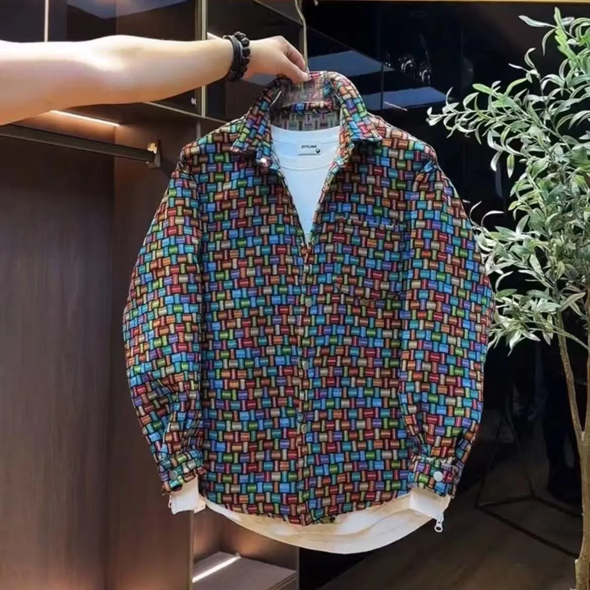 Men's Urban Graffiti Print Long Sleeve Casual Jacket Lightweight Button Down Streetwear Top with Vibrant Multi-Color Graphic Art Design thumbnail 1