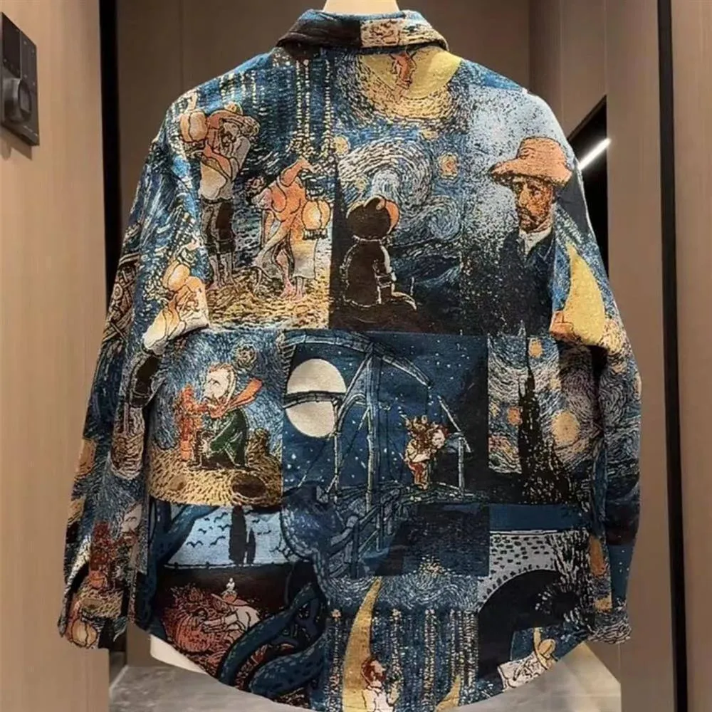 Men's Urban Graffiti Print Long Sleeve Casual Jacket Lightweight Button Down Streetwear Top with Vibrant Multi-Color Graphic Art Design thumbnail 2