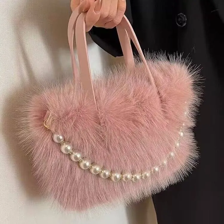 Women's Fluffy Faux Fur Handbag with Elegant Pearl Chain Strap Cute Plush Tote Bag for Winter Parties thumbnail 1