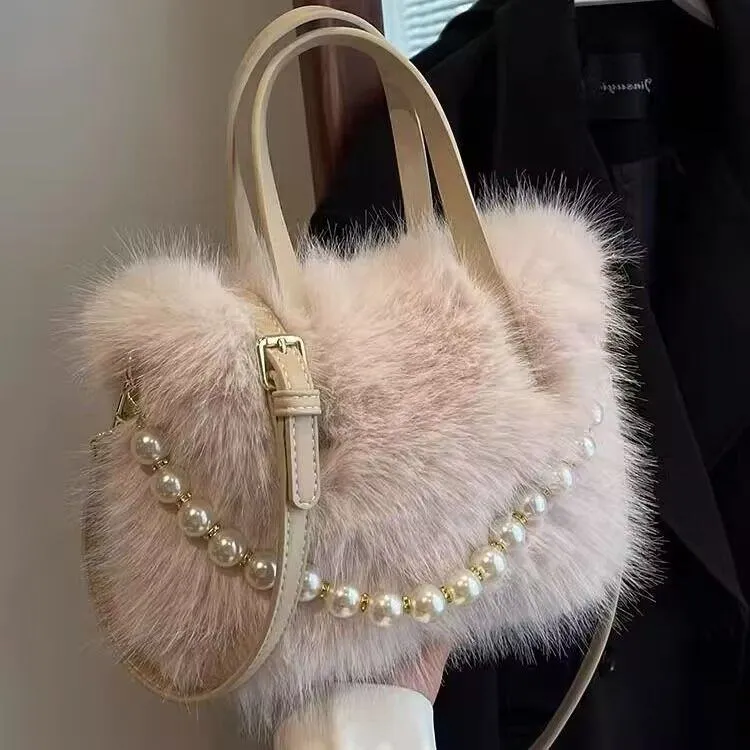 Women's Fluffy Faux Fur Handbag with Elegant Pearl Chain Strap Cute Plush Tote Bag for Winter Parties thumbnail 2