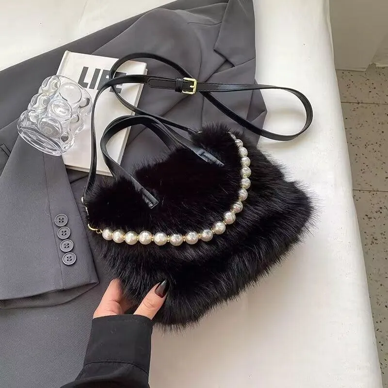 Women's Fluffy Faux Fur Handbag with Elegant Pearl Chain Strap Cute Plush Tote Bag for Winter Parties thumbnail 3