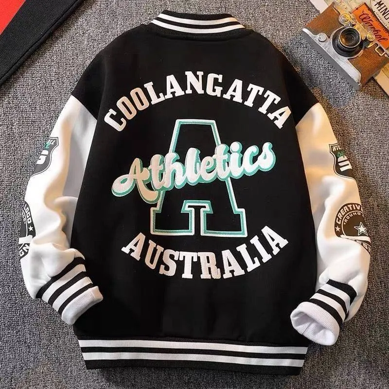 Unisex Green and White Varsity Jacket Australia Athletics Streetwear Bomber Coat with Patches and Ribbed Trim thumbnail 2