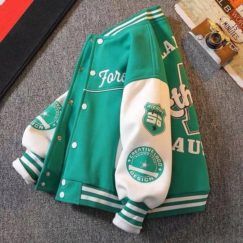 Unisex Green and White Varsity Jacket Australia Athletics Streetwear Bomber Coat with Patches and Ribbed Trim thumbnail 4
