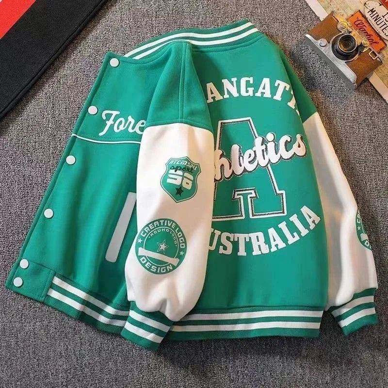 Unisex Green and White Varsity Jacket Australia Athletics Streetwear Bomber Coat with Patches and Ribbed Trim thumbnail 5