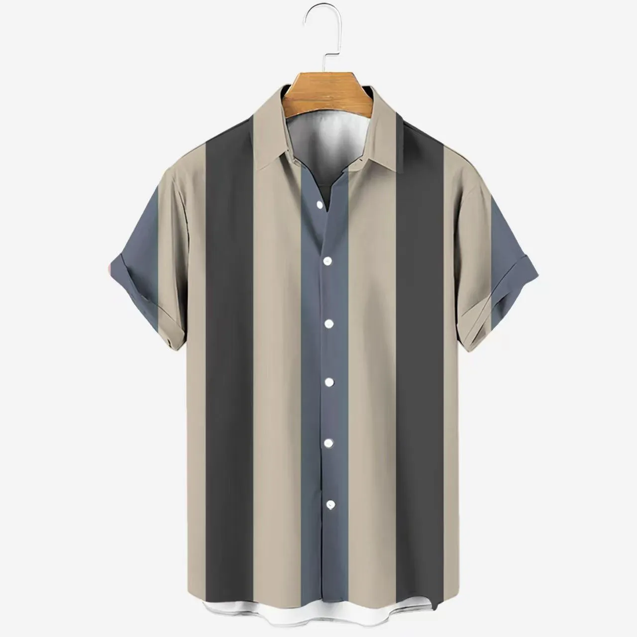 Men's Retro Vertical Striped Short Sleeve Button Down Shirt Bold Red Navy and Beige Color Block Casual Summer Beach Fashion Top thumbnail 1