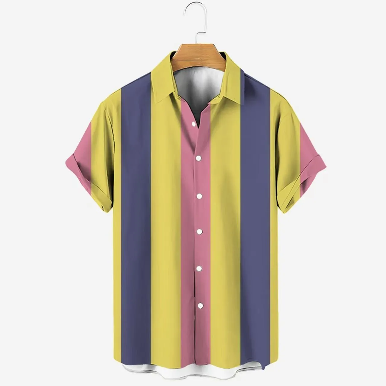 Men's Retro Vertical Striped Short Sleeve Button Down Shirt Bold Red Navy and Beige Color Block Casual Summer Beach Fashion Top thumbnail 2