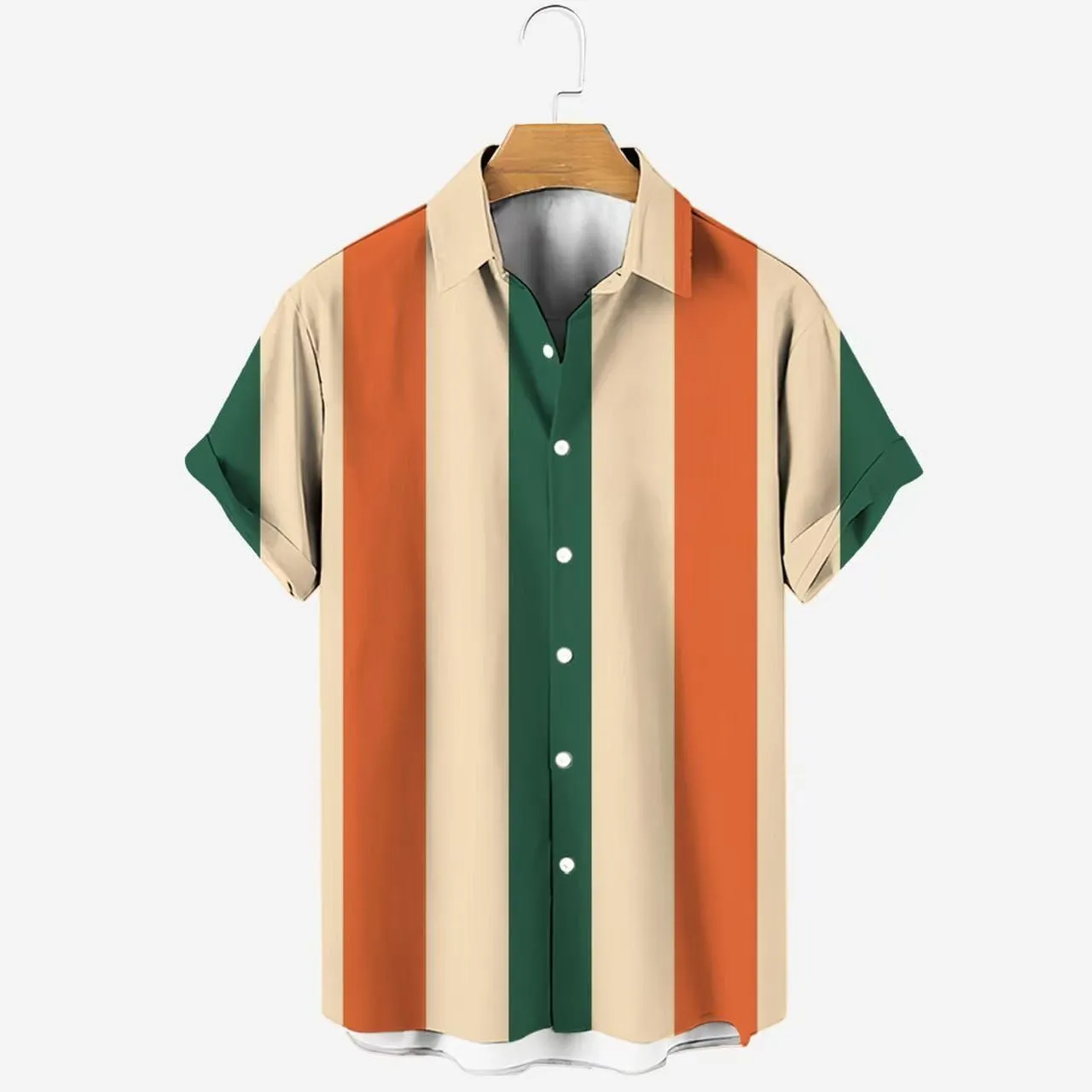 Men's Retro Vertical Striped Short Sleeve Button Down Shirt Bold Red Navy and Beige Color Block Casual Summer Beach Fashion Top thumbnail 3