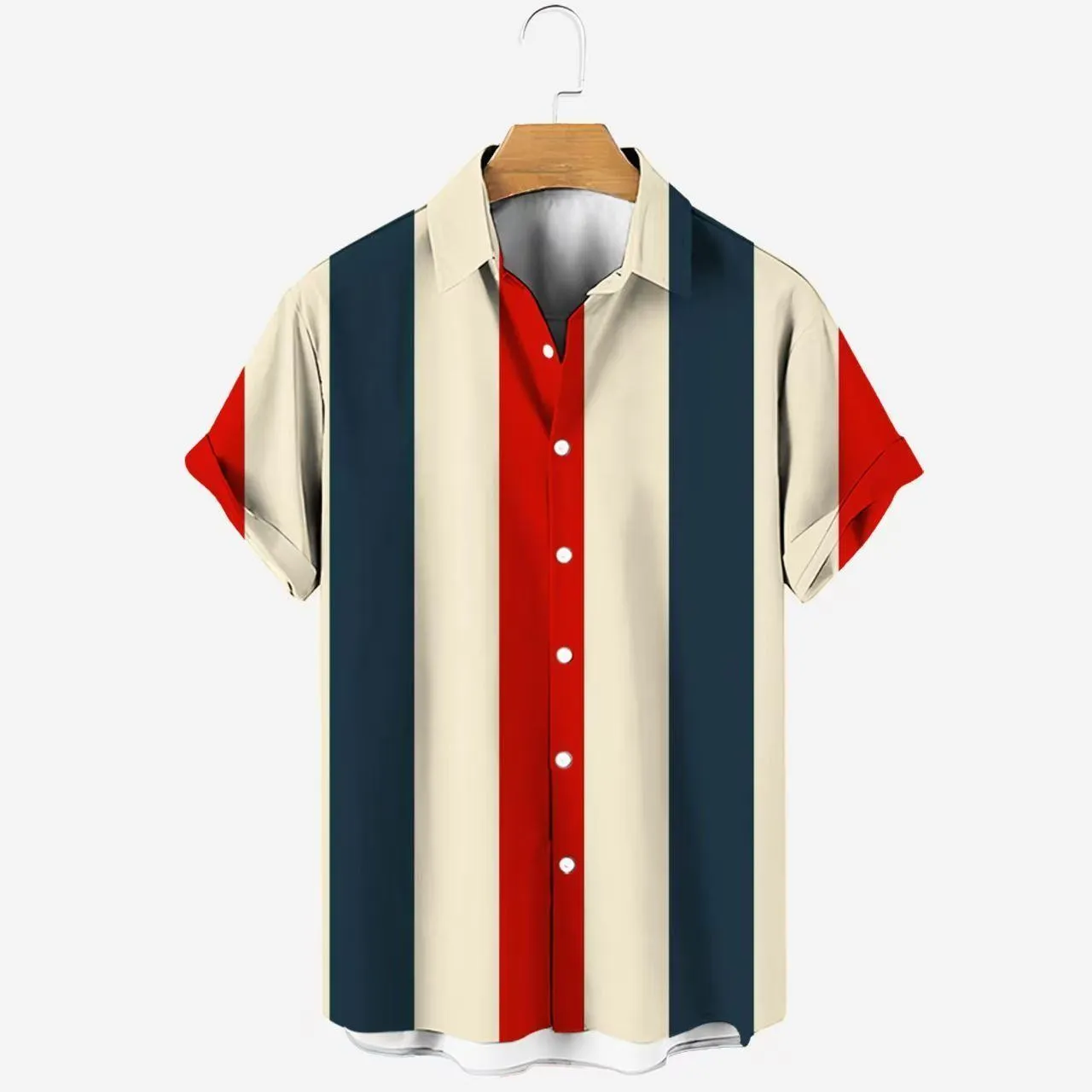 Men's Retro Vertical Striped Short Sleeve Button Down Shirt Bold Red Navy and Beige Color Block Casual Summer Beach Fashion Top thumbnail 4