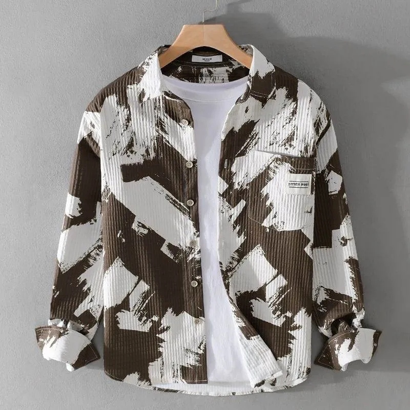Men's Black and White Abstract Brushstroke Print Long Sleeve Corduroy Shirt Streetwear Fashion Button Down Casual Lightweight Layering Jacket thumbnail 2