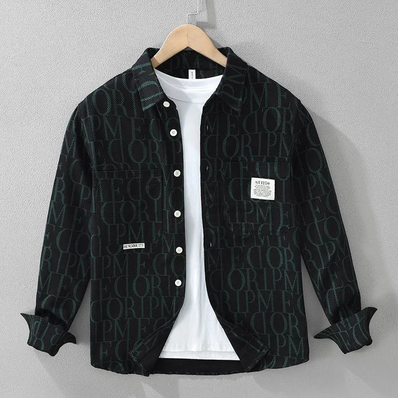 Men's Khaki Camel Corduroy Long Sleeve Button Down Shirt with All-Over Letter Print and Chest Pocket Patch Streetwear Jacket thumbnail 1