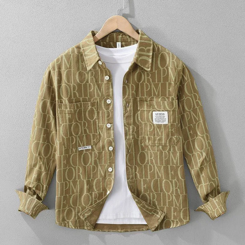 Men's Khaki Camel Corduroy Long Sleeve Button Down Shirt with All-Over Letter Print and Chest Pocket Patch Streetwear Jacket thumbnail 2