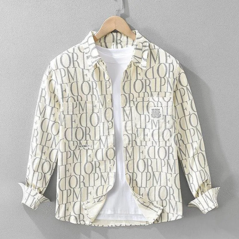 Men's Khaki Camel Corduroy Long Sleeve Button Down Shirt with All-Over Letter Print and Chest Pocket Patch Streetwear Jacket thumbnail 3