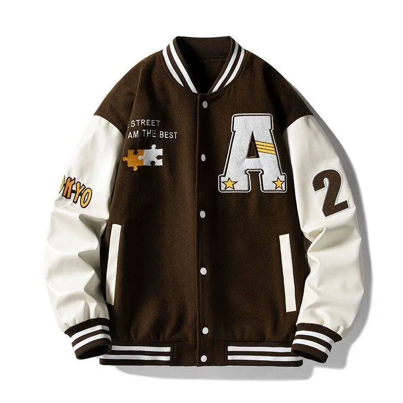 Men's Vintage Brown and Cream Varsity Baseball Jacket with Letter Patch and Coach Slogan Embroidery Streetwear Outerwear thumbnail 7
