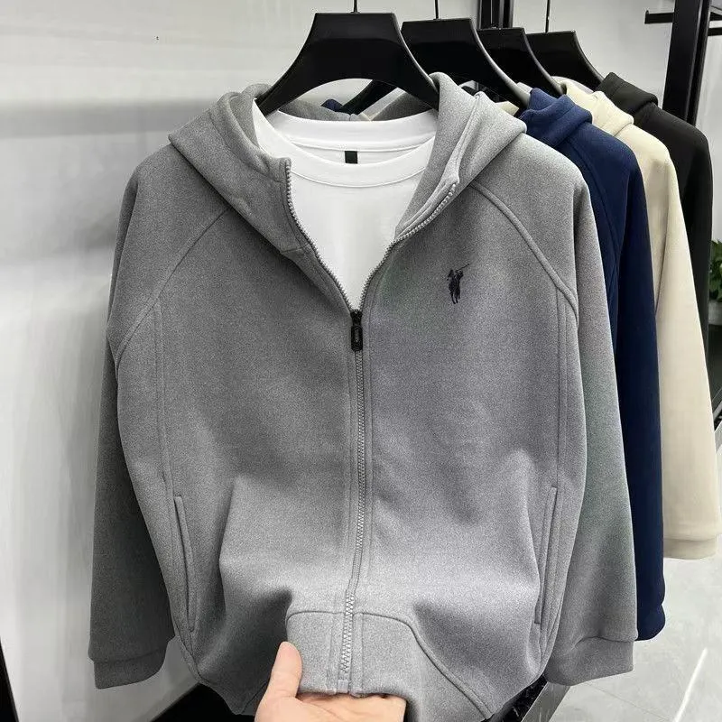 Men's Classic Grey Full Zip Up Hoodie with Embroidered Polo Player Logo Casual Fleece Sweatshirt Jacket thumbnail 1