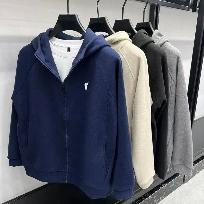 Men's Classic Grey Full Zip Up Hoodie with Embroidered Polo Player Logo Casual Fleece Sweatshirt Jacket thumbnail 2