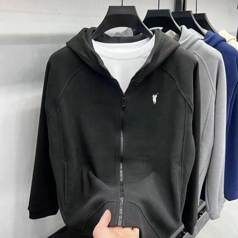 Men's Classic Grey Full Zip Up Hoodie with Embroidered Polo Player Logo Casual Fleece Sweatshirt Jacket thumbnail 3