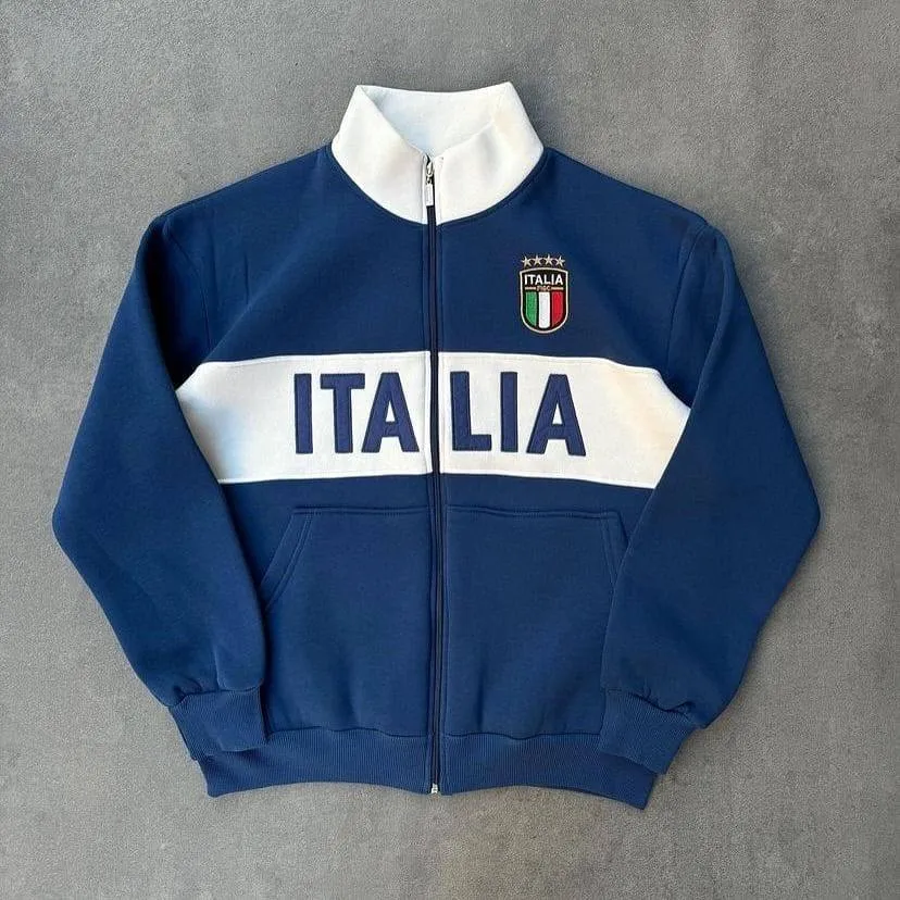 Men's Italia Soccer Track Jacket Full Zip Sportswear Sweatshirt with White Chest Stripe and Team Crest thumbnail 1
