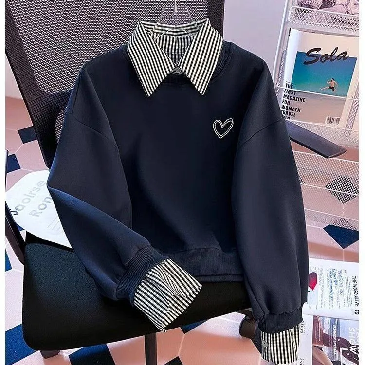 Women's Two-Piece Sweatshirt with Striped Shirt Collar and Heart Embroidery Preppy Casual Pullover Top thumbnail 1