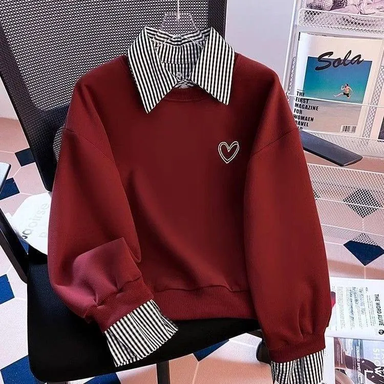 Women's Two-Piece Sweatshirt with Striped Shirt Collar and Heart Embroidery Preppy Casual Pullover Top thumbnail 3