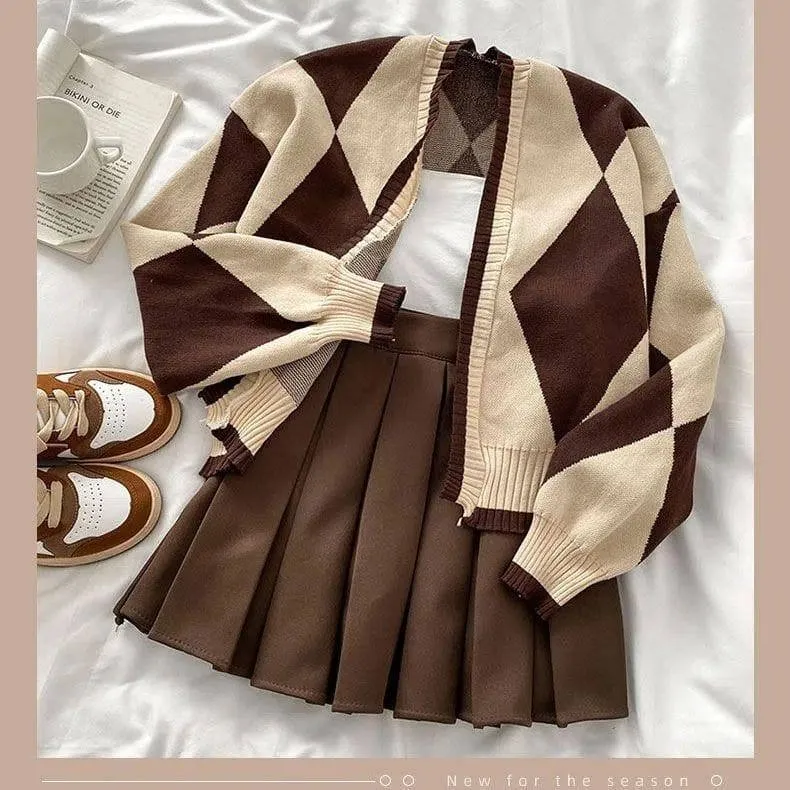 Women's Preppy Style Brown and Beige Argyle Knit Cardigan and Solid Pleated Mini Skirt Two Piece Co-ord Set thumbnail 1