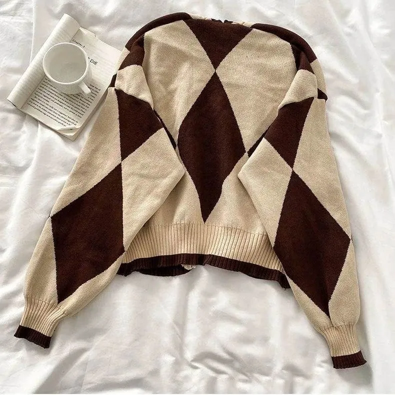 Women's Preppy Style Brown and Beige Argyle Knit Cardigan and Solid Pleated Mini Skirt Two Piece Co-ord Set thumbnail 2