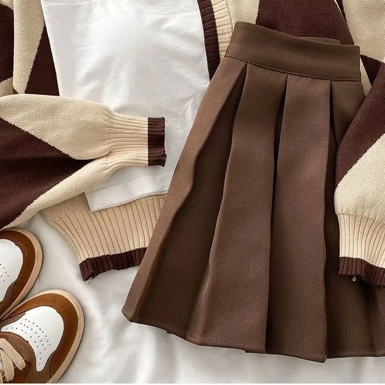 Women's Preppy Style Brown and Beige Argyle Knit Cardigan and Solid Pleated Mini Skirt Two Piece Co-ord Set thumbnail 3