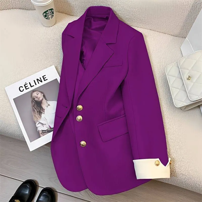 Women's Elegant Blazer Jacket with Gold Buttons and Stylish White Contrast Cuffs for Office Wear thumbnail 3