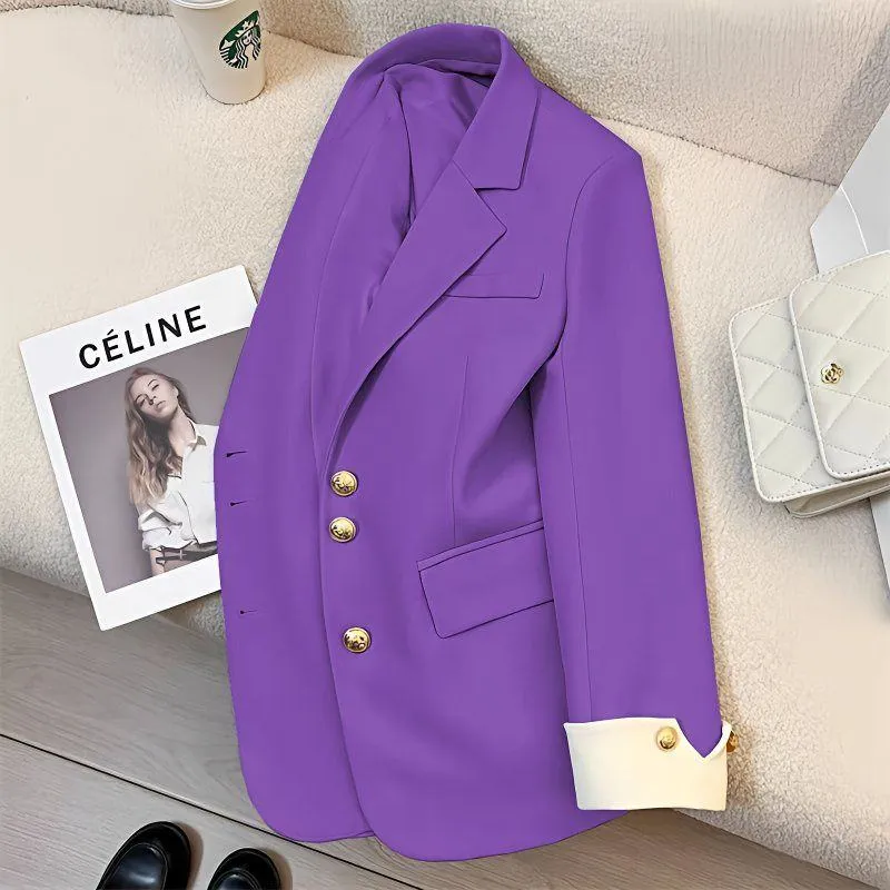 Women's Elegant Blazer Jacket with Gold Buttons and Stylish White Contrast Cuffs for Office Wear thumbnail 4