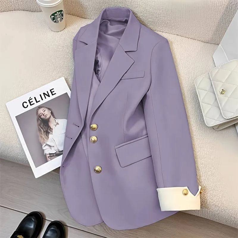 Women's Elegant Blazer Jacket with Gold Buttons and Stylish White Contrast Cuffs for Office Wear thumbnail 5
