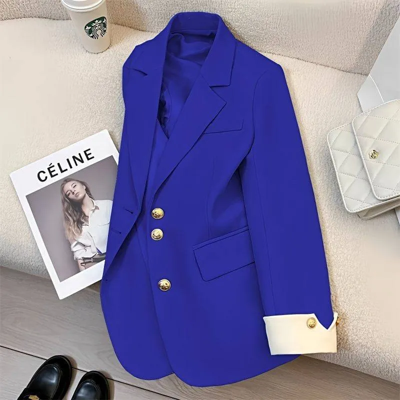 Women's Elegant Blazer Jacket with Gold Buttons and Stylish White Contrast Cuffs for Office Wear thumbnail 6
