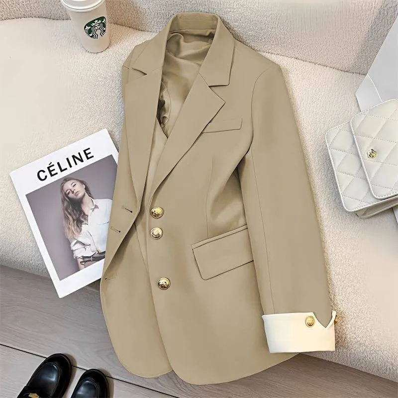 Women's Elegant Blazer Jacket with Gold Buttons and Stylish White Contrast Cuffs for Office Wear thumbnail 7